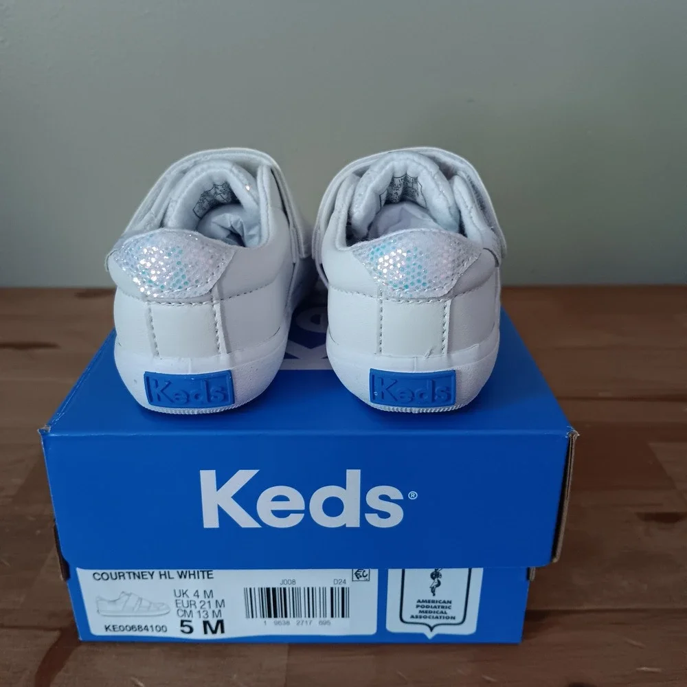 Keds Courtney HL Sneakers Kids 5M White New Iridescent Glitter Hook and Loop